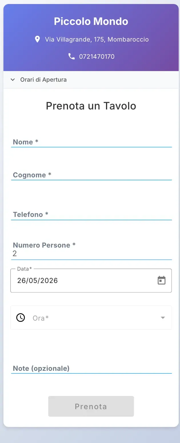 Pagina di prenotazione pubblica brandizzata vista da mobile
